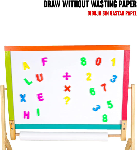 Tabla Magnetica Multifunctionala din Lemn 2 in 1 idealSTORE, Dimensiuni 64 x 50 x 96 cm, Include raft pentru depozitare accesoriilor Ceas pentru copii, Alfabet pentru invatarea literelor, Cifre Magnetice, Numaratoare, Creta Colorata, Marker, Hartie