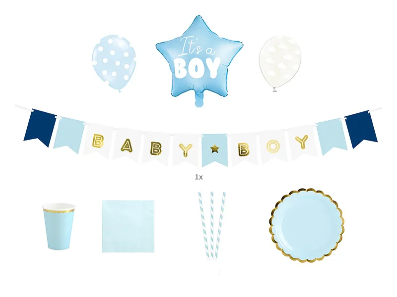 Set decoratiuni pentru petrecere It's a Boy IdealStore, Contine 6 pahare, 6 farfurii, 10 paie, 20 de servetele, 5 baloane din Latex si un Balon in forma de stea, Banner Baby Girl, Albastru