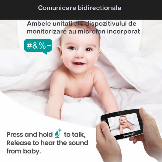 Baby Monitor idealStore BabyAction, Rotire Verticala si Orizontala, Night Vision Auto, Display Mare 4.3 inch, Raza Actiune 300 m, Senzor Temperatura Ambientala, Comunicare parinte/copil, Sunet Clar, Cantece de Leagan, Alarma lipsa Semnal, Zoom 2X