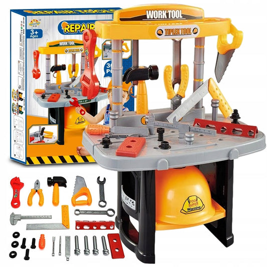 Banc de lucru interactiv cu casca idealSTORE Junior Tool Set, Dimensiuni 47 x 37 x 24 cm, Include 25 de instrumente de bricolaj, Materiale sigure pentru copii