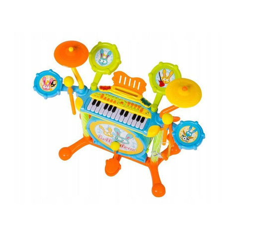 Set Muzical Complet cu Orga Electronica, Microfon si Tobe idealSTORE Iepurasii Nazdravani, Dimensiuni 66 x 58 cm, Echipat cu 24 Taste de Pian, 7 instrumente de percutie ce incurajeaza jocul de rol