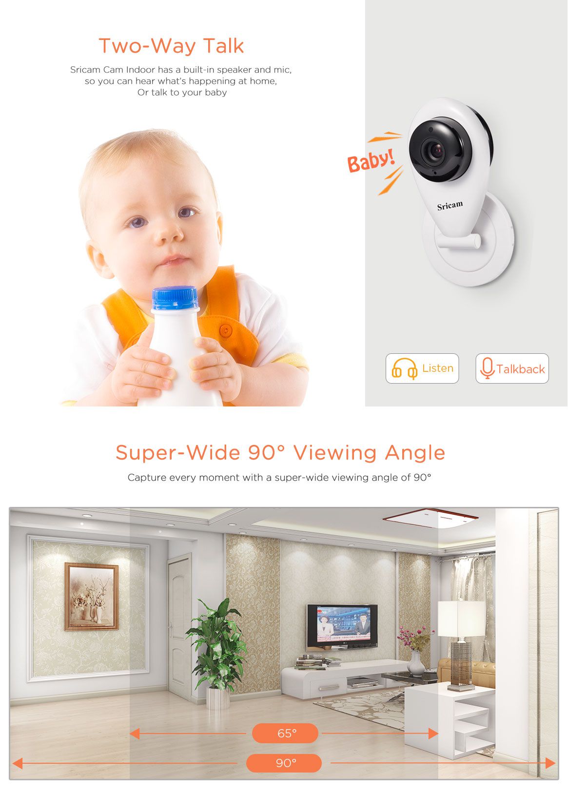 Sistem Baby Monitor SR09 2018 cu aplicatie pe Telefon , Wi-Fi, Rezolutie 720P HD , Culoare Alb , Unghi vedere 90 , Night Vision, senzor miscare marca Sony , Suport Card Memorie , Microfon cu 2 cai , Notificari prin e-mail