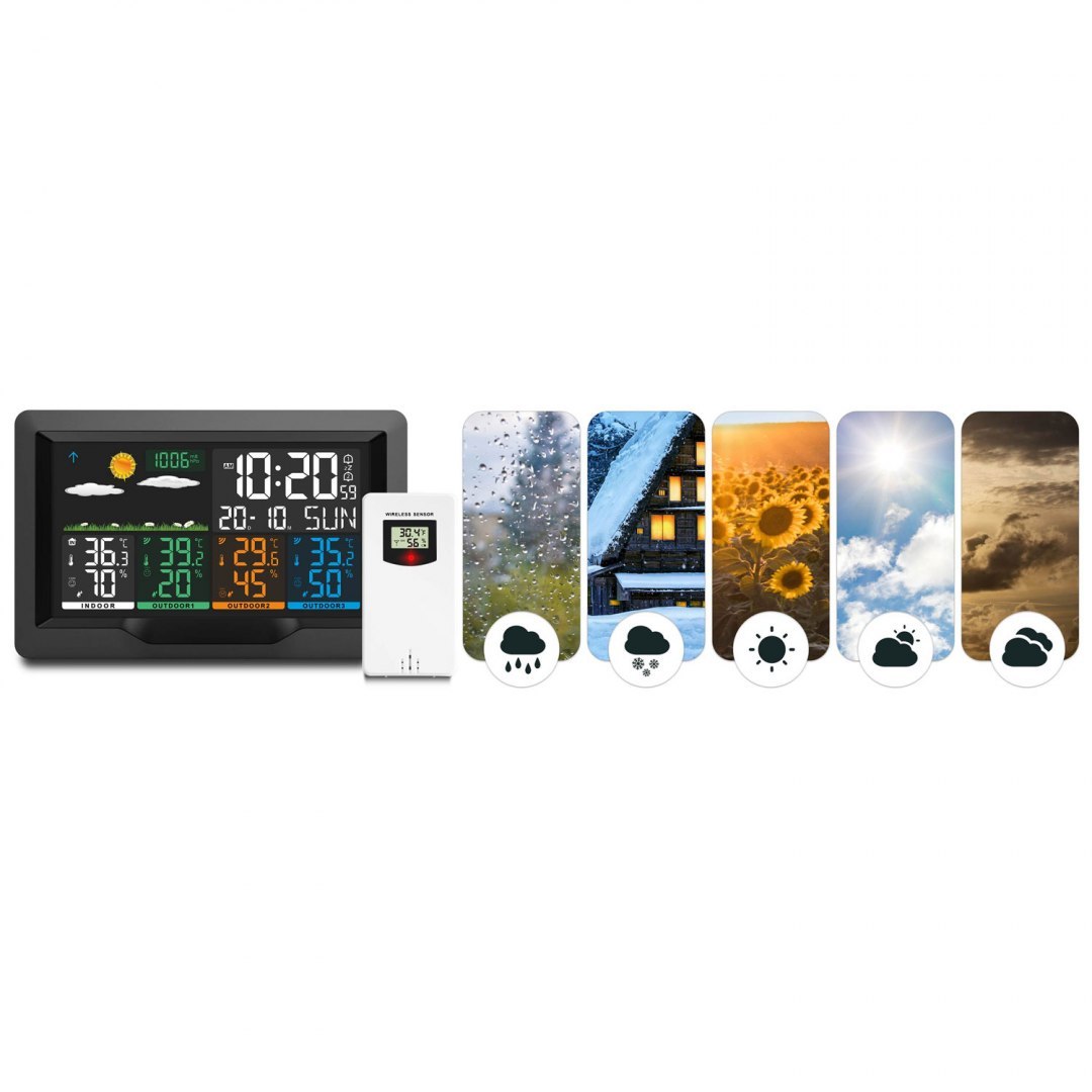 Statie Meteo Profesionala fara Fir idealSTORE, Display LCD, Presiune Barometrica, Calendar, Nivel de confort, Ceas cu alarma, Senzor Baterie, Functie de amanare a alarmei, Prognoza Meteo, Umiditate interioara/exterioara, Raza 60 m, Iluminat 2 Trepte