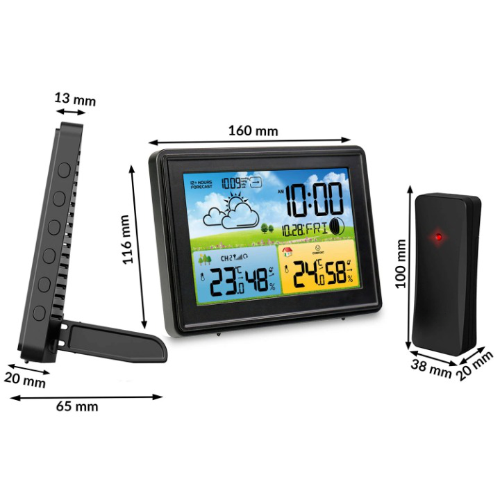 Statie Meteo fara Fir Spring IdealStore, cu Senzor Exterior, Higrometru, Barometru, Prognoza meteo, Fazele Lunii, Pictograma nivel de Confort, Ceas cu Alarma, Ecran luminat, culoare Negru