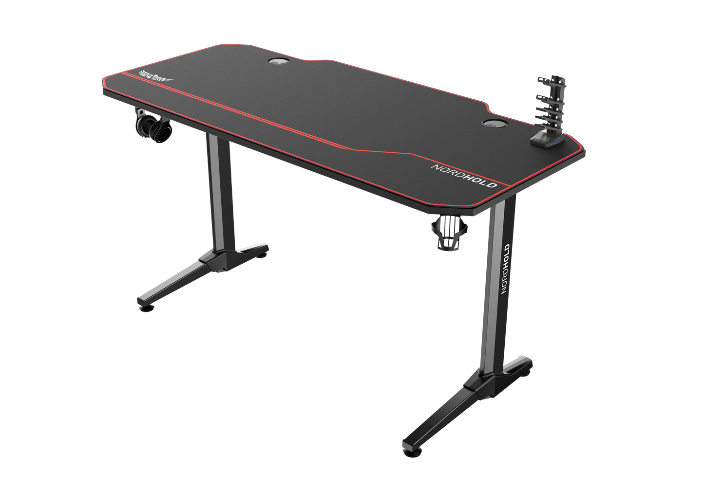 Birou Gaming cu suprafata tip mousepad idealSTORE Shark GD HOLD, Dimensiuni 140 x 66 x 77 cm, Prevazut cu picioare stabile, Accesorizat cu suport pentru casti, pahar si mousepad, Echipat cu orificii speciale pentru cabluri, Negru-Rosu