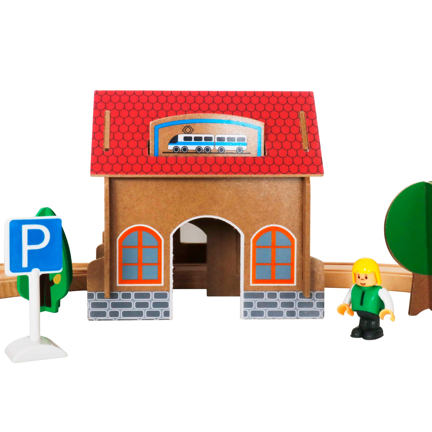 Pista Magnetica Multifunctionala din Lemn City Of Dreams idealSTORE, Formata din 88 de Elemente din lemn Natural, Include Heliport, Oameni, Copaci, Elicopter, Masini, Cladiri, Tren cu 2 Vagoane, Piese Slefuite fin din lemn, Dezvolta Imaginatia Copilului