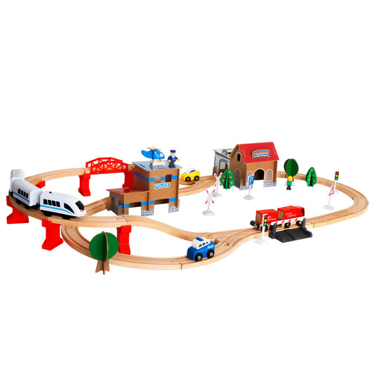 Pista Magnetica Multifunctionala din Lemn City Of Dreams idealSTORE, Formata din 88 de Elemente din lemn Natural, Include Heliport, Oameni, Copaci, Elicopter, Masini, Cladiri, Tren cu 2 Vagoane, Piese Slefuite fin din lemn, Dezvolta Imaginatia Copilului