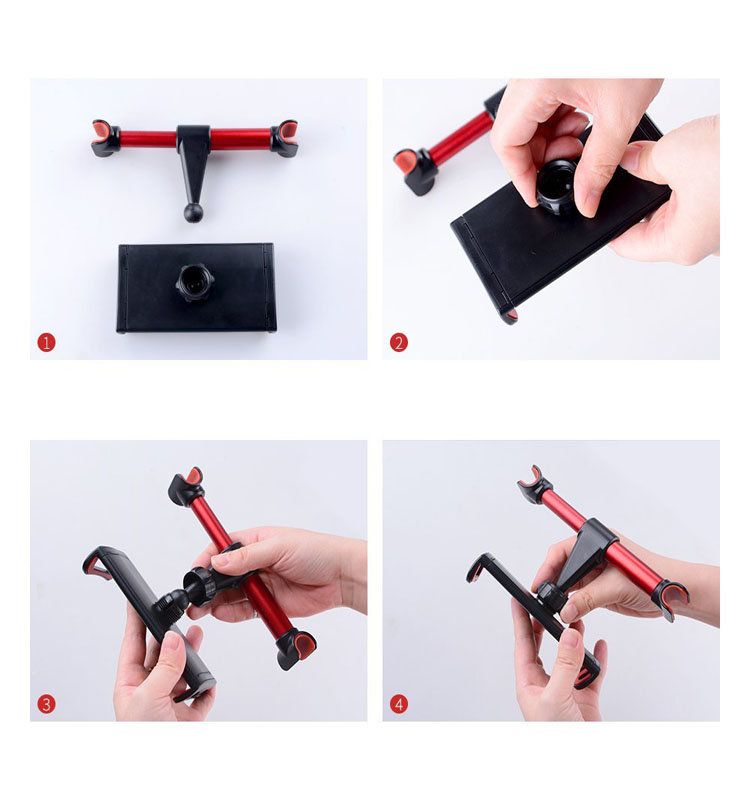 Suport auto pentru telefon IDL cu prindere pe bratele tetierei, Compatibil cu telefoane de la 4 pana la 11 inch, Unghi de rotatie 360 grade, Culoare negru-rosu