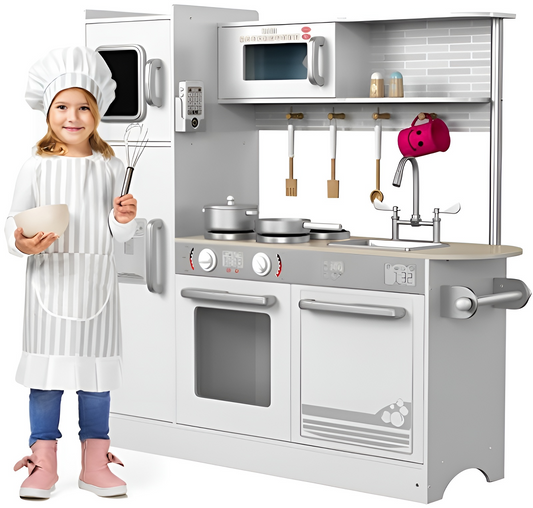Bucatarie din lemn Little Master Chef idealSTORE, Dimensiuni 109 x 35 x 104 cm, Material MDF, Echipata cu Efecte luminoase, Utilata complet cu Accesorii, Frigider, Cuptor cu Microunde, Aparat de gheata, Masina de Spalat, Dezvolta imaginatia, Gray Edition