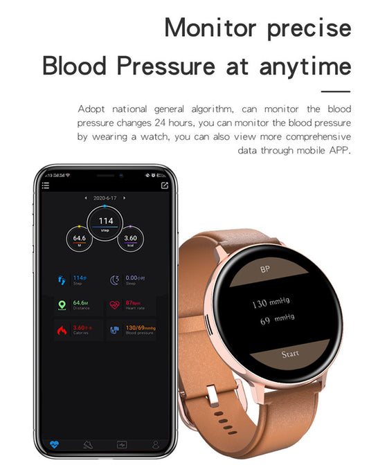 Ceas Smartwatch NEW Future IdealSTORE, Ecran tactil LCD complet rotund 1, 3 inch, IP67, Monitorizare ritm cardiac, Tensiune Arteriala, Incarcare Wireless, Functie MultiSport, Compatibil cu Android si IOS, Maro