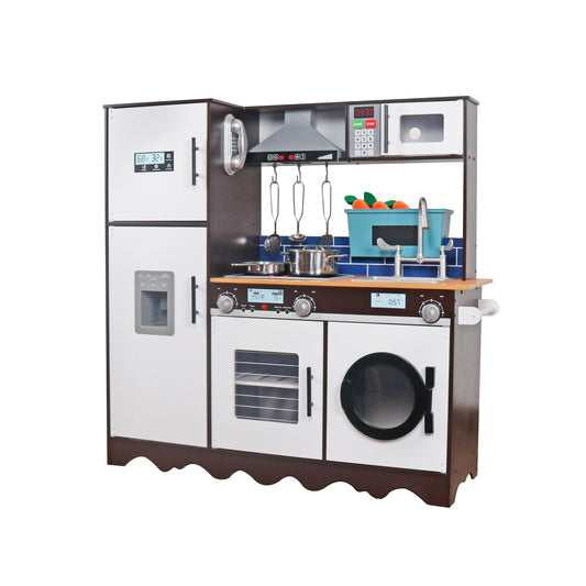 Bucatarie din Lemn Premium pentru copii idealSTORE, Dimensiune 96 x 32 x 93 cm, Material MDF, Compartimentata cu masina de spalat vase, Cuptor, Frigider, Accesorizata cu ustensilele necesare micului bucatar, Brown Edition