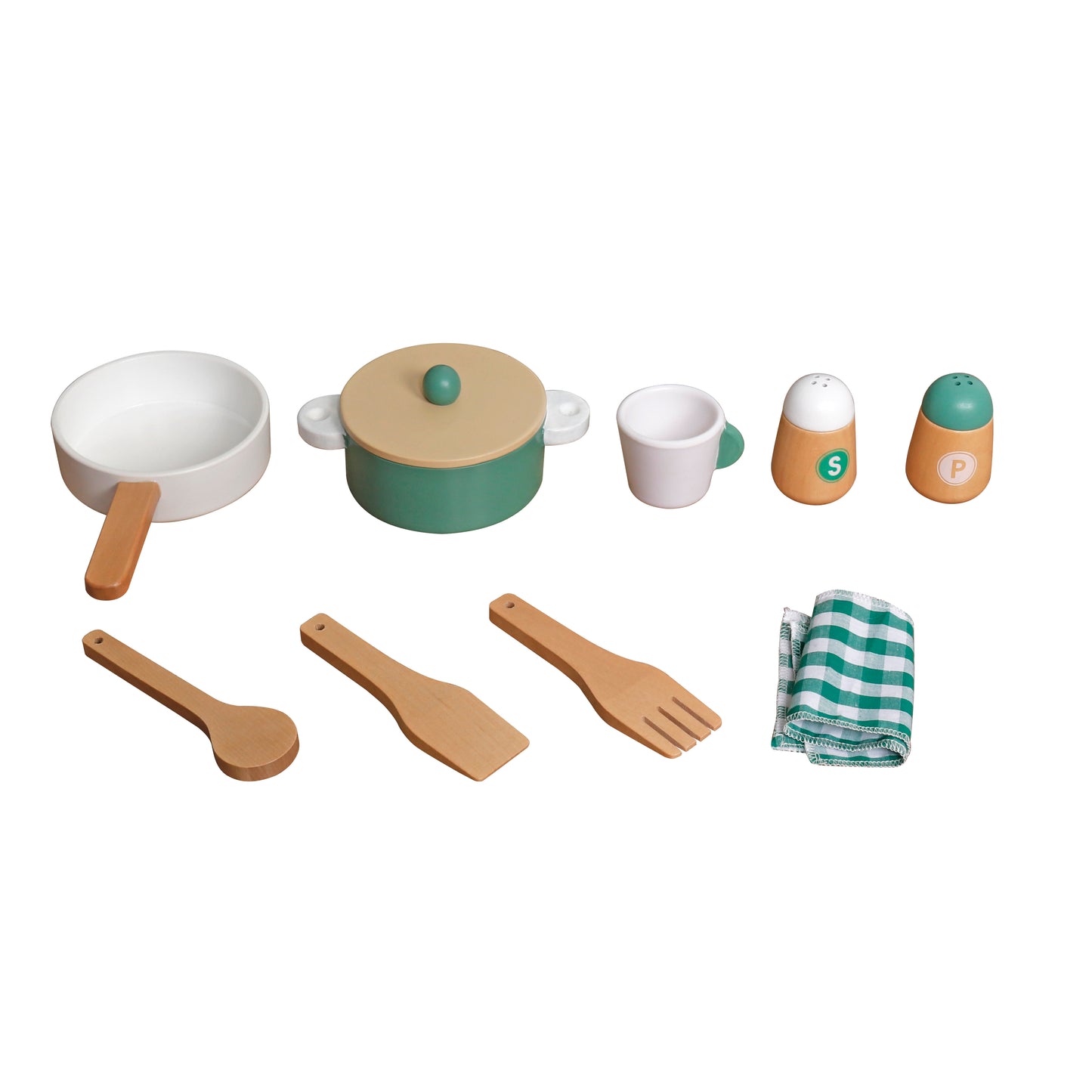 Bucatarie din Lemn Premium pentru copii Chef ideal STORE, Dimensiune 91 x 32 x 90 cm, Material MDF, Compartimentata cu masina de spalat vase si aparat de facut cafea, Accesorizata cu ustensilele necesare micului bucatar, Green Edition