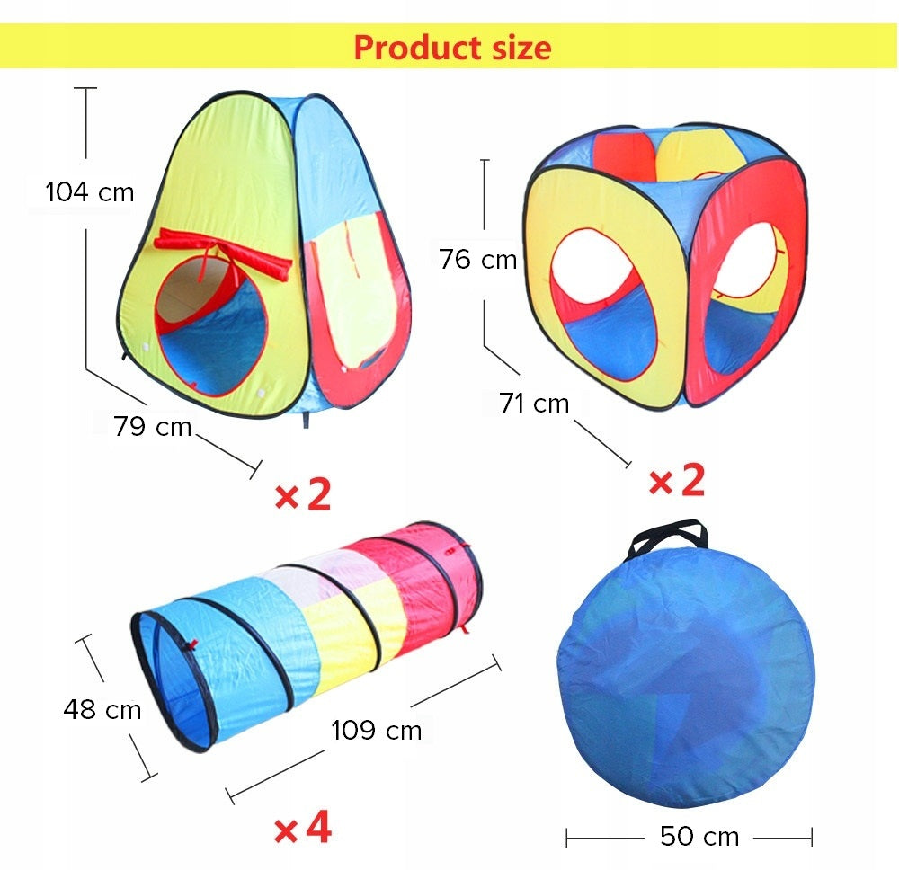 Cort 8 in 1 idealSTORE RAINBOW MAGIC, format din 8 elemente, 4 corpuri si 4 corturi, confectionat din poliester T190, ideal pentru joaca cu prietenii