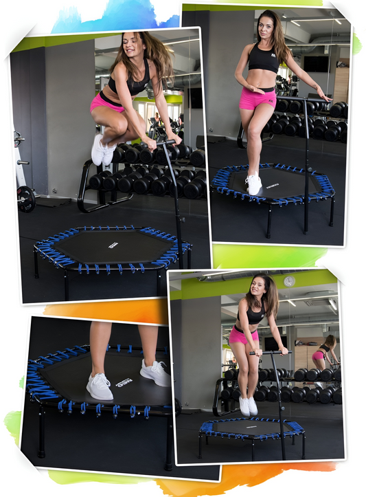 Trambulina fitness CardioTramp IdealStore FREE THE JUMP COLLECTION, Perfect Pentru Antrenamente Acasa, Maner Reglabil, Forma Hexagonala, 6 picioare, Diametru 127 cm, Sarcina 100 kg, Fabricata din Otel, Verde