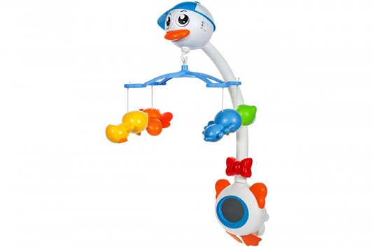 Carusel interactiv idealStore Mama Gasca pentru patutul bebelusului cu 18 melodii si 4 jucarii atasate, Dimensiune 27,5 x 49,0 x 47,0 cm, Clema de fixare rezistenta, Multicolor