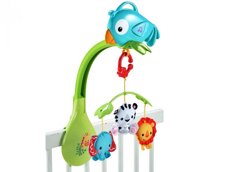 Carusel Interactiv IDL Papagalul Hazliu cu Leu, Zebra, Elefant de plus, 5 Melodii, Dimensiune 27.5x36x7cm, Clema de fixare rezistenta, Multicolor