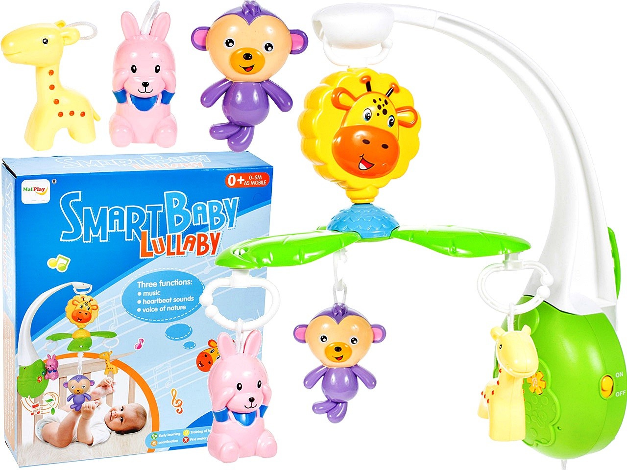 Carusel Interactiv IDL Ferma Fantastica cu Girafa, Maimuta, Iepuras, 3 Moduri de melodie, Dimensiune 50cm Inaltime, Clema de fixare rezistenta, Multicolor