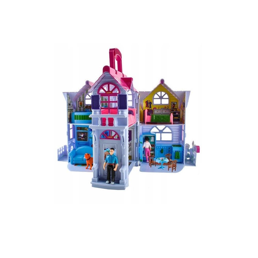 Casuta de Papusi idealSTORE PINK FAMILY VILLA, Dimensiuni 46 x 25 x 15 cm, Echipata cu mobilier si 18 Accesorii inedite, 4 Camere decorate in stil diferit, Diversifica jocul de rol