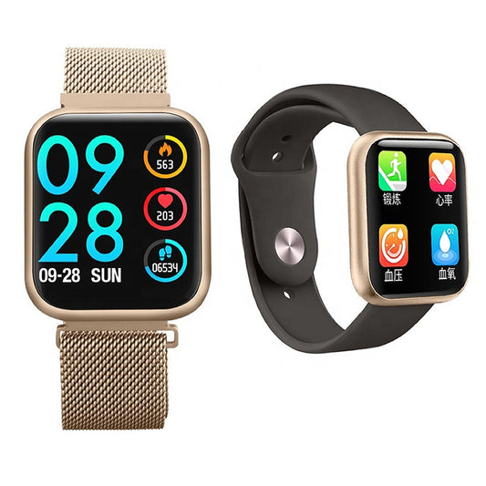 Ceas Smartwatch cu functie de Bratara Fitness idealStore P80 Auriu, cu functie de monitorizare tensiune arteriala, ritm cardiac, Monitorizare somn, Nivel oxigen, Notificari Apel/Sms, cu curea metalica si curea de silicon