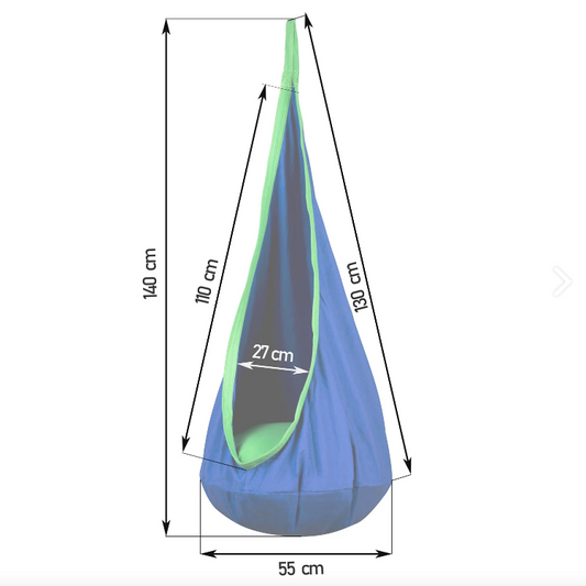 Hamac copii The Raven's Nest tip cocon idealSTORE Dimensiune 140 x 55 cm, Material solid, Include perna, Suport de suspendare, Carlig suplimentar, Ideal pentru camera, gradina sau terasa, Sarcina maxima 80 kg, Albastru
