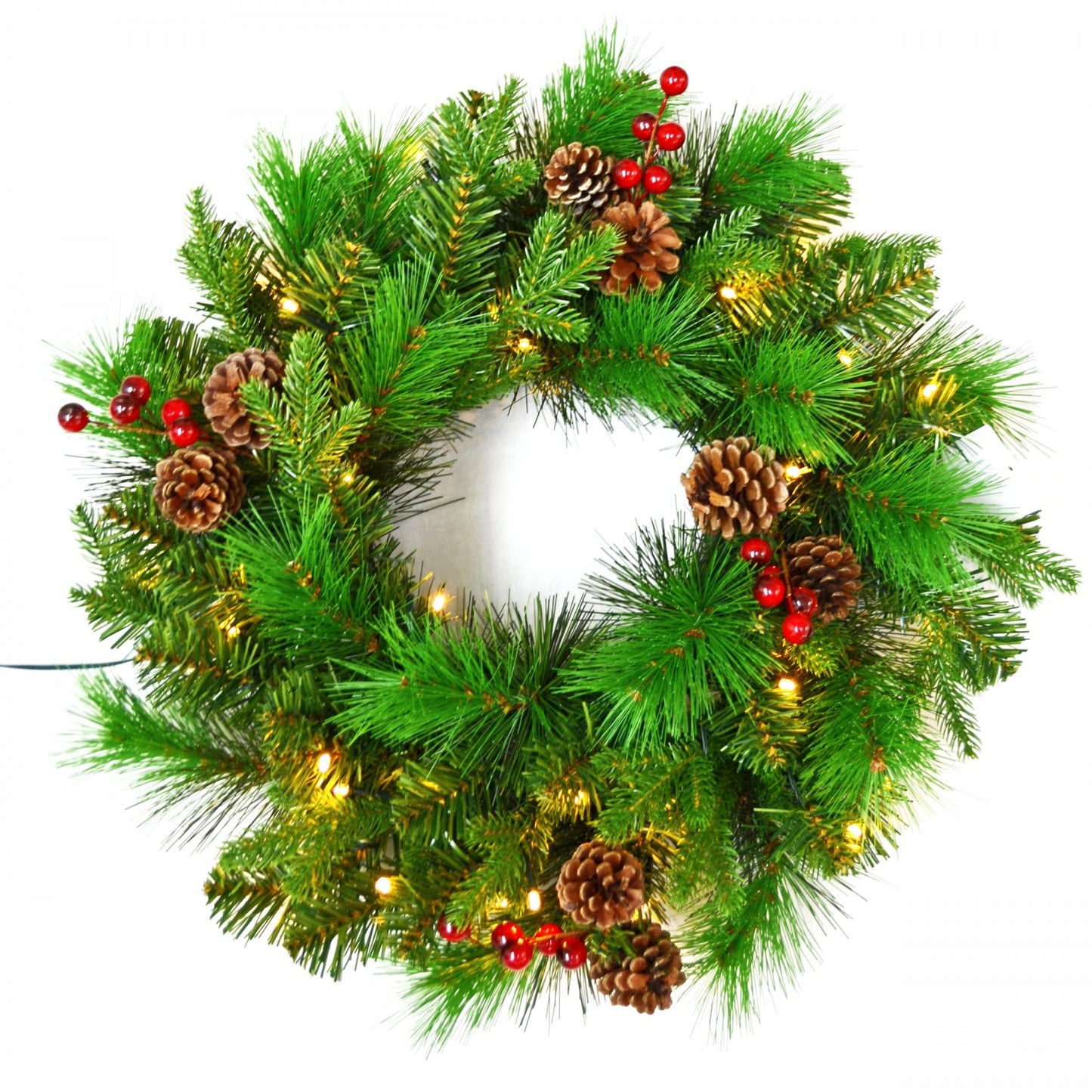 Coronita decorativa IDL Green Crown, 35 de led-uri cu lumina calda, 40 cm, Confectionata din 117 varfuri de brad artificial de culoare verde ce creeaza un spatiu de poveste in preajma Sarbatorilor, Funtionalitate pe baterii