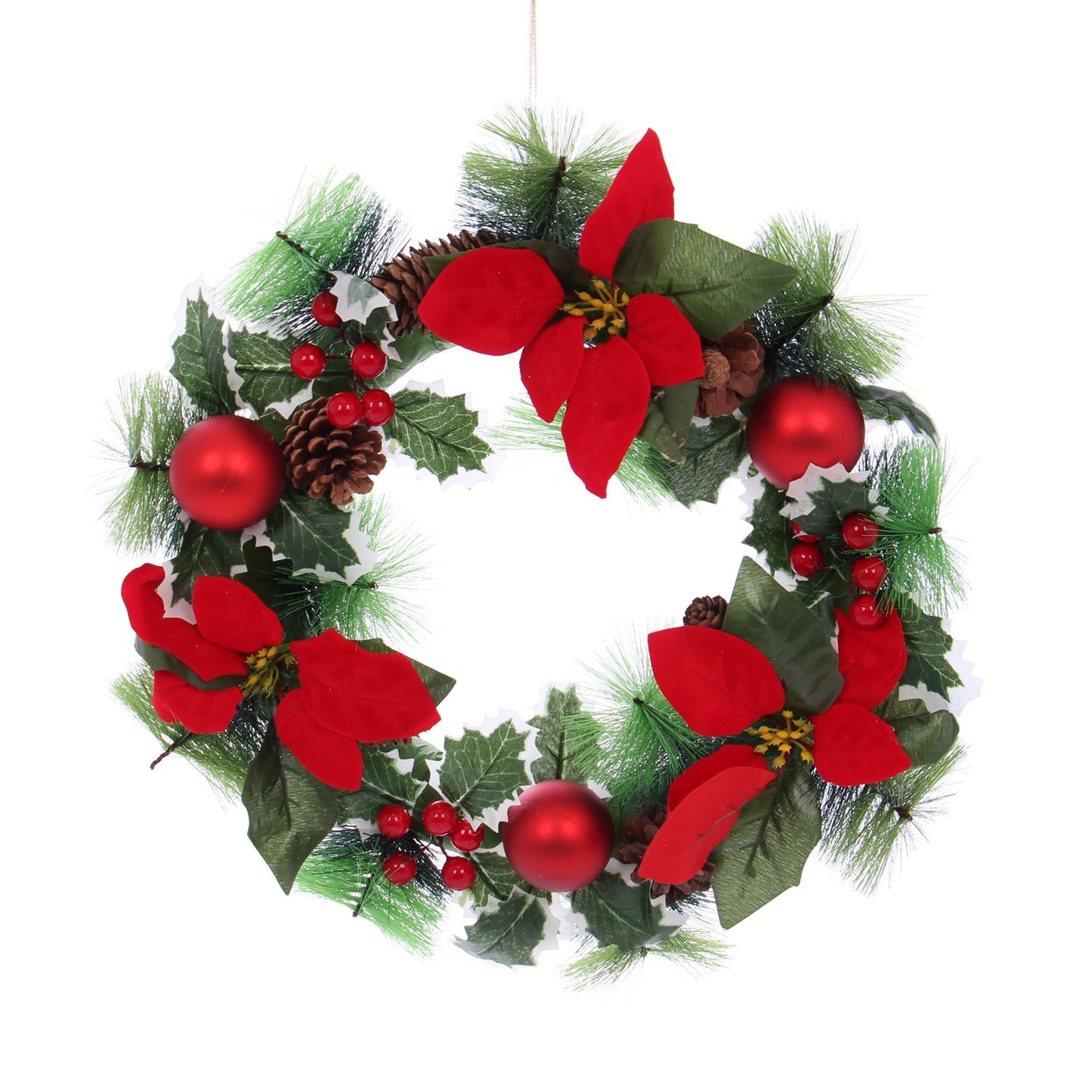 Coronita Craciun IDL Chiristmas Flower, 35 cm ce creeaza un decor in spiritul sarbatorilor de iarna, Alcatuita din elemente simbolice: crengute de brad, flori, conuri si globuri, in combinatia cromatica rosu cu verde