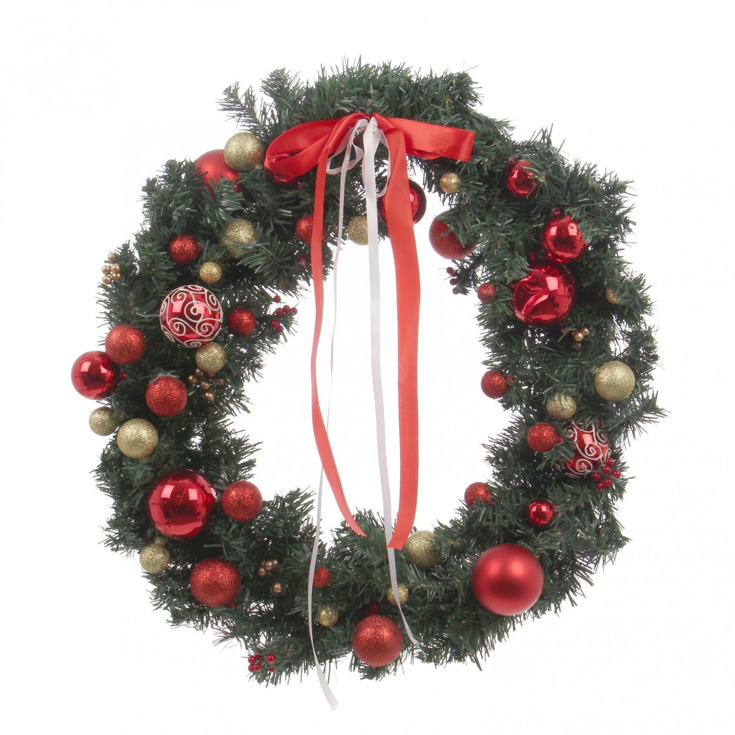 Coronita decorativa IDL Deluxe Winter Greetings, 60 cm recomandata pentru amenajarea spatiului interior, aducand o nota distincta incaperii in preajma sarbatorilor, Alcatuita din globulete de diferite dimensiuni in nuante de rosu si auriu