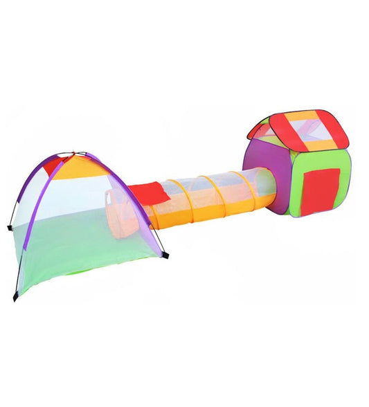 Cort de joaca 2 in 1 idealSTORE, Tunel + Casuta de copii, Dimensiuni 379 x 118 x 105 cm, Include 2 casute, tunel, 200 bile colorate, Proiectat pentru a fi folosit 100% pentru distractie