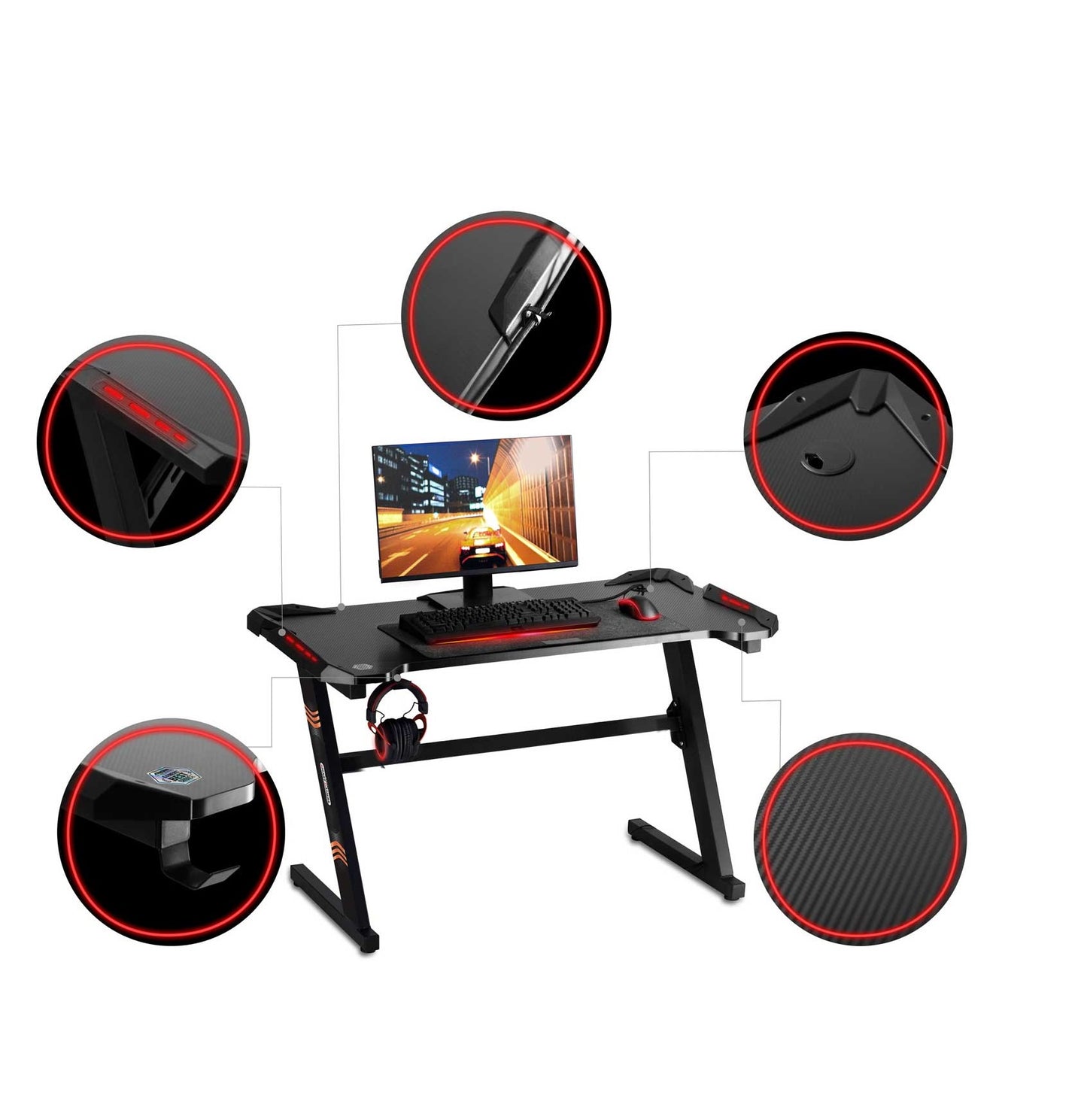 Birou gaming Smart Collection idealSTORE Dimensiuni 120 x 60 x 70 cm, Cadru metalic stabil, Iluminare LED, Accesorizat cu suport pentru casti, Picioare reglabile, Echipat cu sistem de gestionare a cablurilor, Culoare Negru