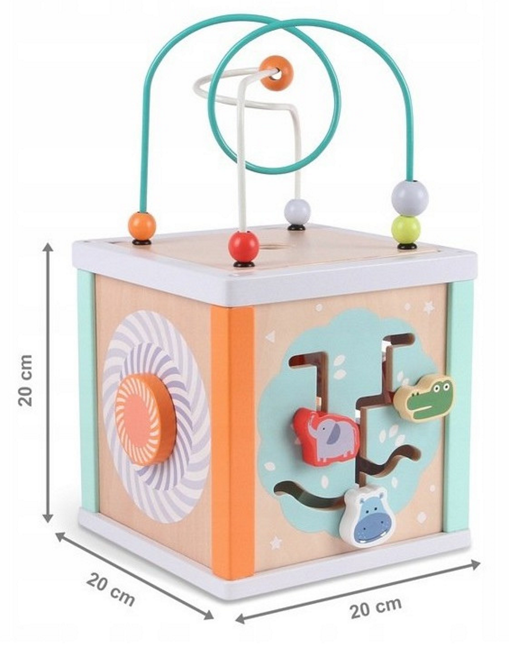 Centru Educational IdealSTORE, Model Cub 5 in 1 din LEMN, Dimensiuni 20 x 20 cm, Echipat cu pereti ce au functionalitate diferita, Elemente mobile care dezvolta abilitatile manuale ale copilului
