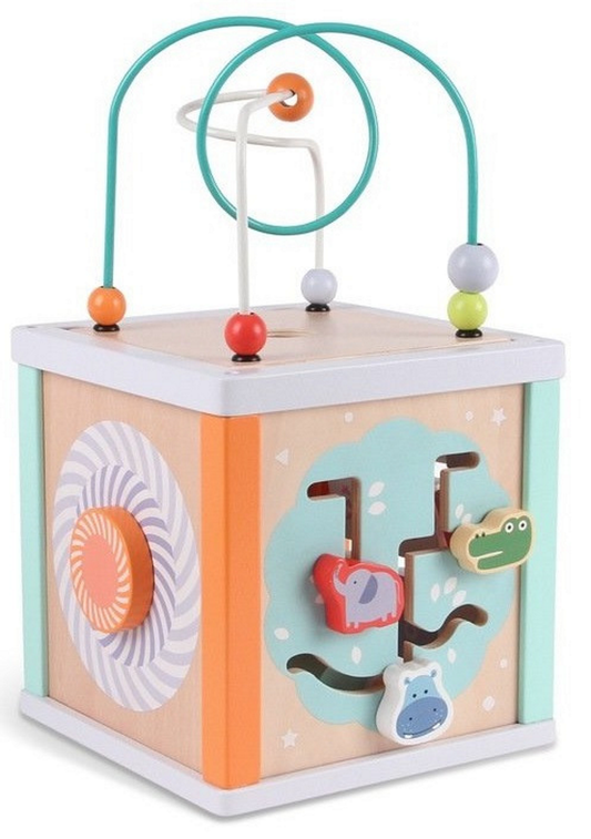 Centru Educational IdealSTORE, Model Cub 5 in 1 din LEMN, Dimensiuni 20 x 20 cm, Echipat cu pereti ce au functionalitate diferita, Elemente mobile care dezvolta abilitatile manuale ale copilului