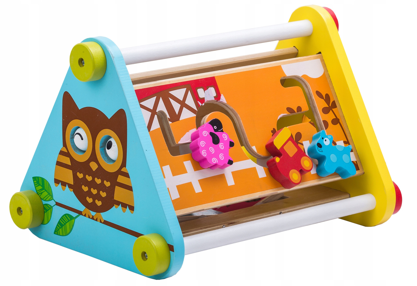 Jucarie Educativa din Lemn idealSTORE, Bufnita Vesela, Dimensiuni 20 x 29 x 22 cm, Echipata cu 4 pereti cu functionalitate diferita, Numeroase elemente mobile si butoane care dezvolta abilitatile manuale ale copilului