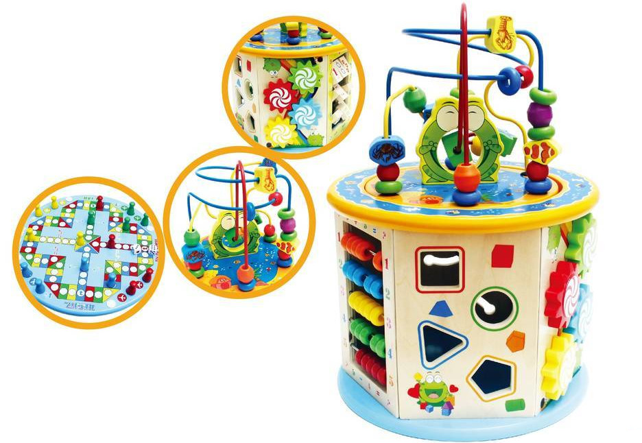 Cub Educativ din Lemn 8 in 1 idealSTORE, Dimensiuni 37 x 25 x 25 cm, Include 6 pereti cu functii si activitati diverse, un joc chinezesc si un intercalar colorat, Sporeste creativitatea, Dezvolta abilitati motorii