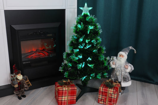 Brad Artificial cu Fibra Optica idealStore, 95 LED-uri RGB, Stea in Varf, Suport Plastic, lumini flash, 90 cm inaltime