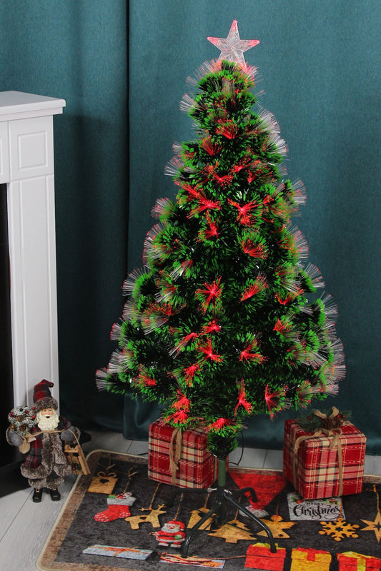 Brad Artificial cu Fibra Optica idealStore, 125 LED-uri RGB, Stea in Varf, Suport Plastic, lumini flash, 120 cm inaltime