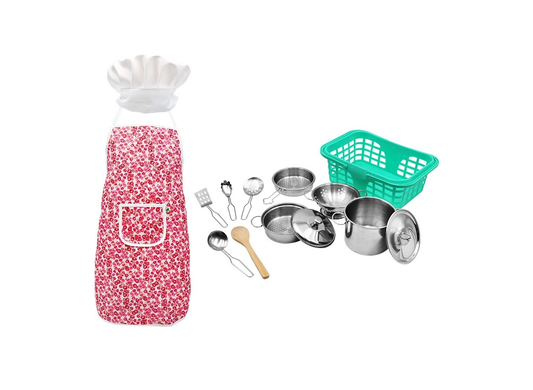Set de Gatit Little Cook idealSTORE, Include o multime de accesorii specifice, Cos cu Fructe, Palarie, Sort, Spatula, Oale, Lingura de Lemn, Material Otel, Disgn Clasic, Ajuta la Dezvoltarea Intelectuala a Copilului