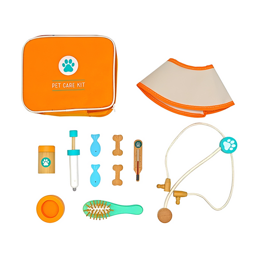 Trusa medicala Micul Veterinar din Lemn Premium idealSTORE, Include 11 accesorii medicale si Geanta de Depozitare, Recompense pentru catei, Termometru, Seringa, Stetoscop, Joc creativ, Ajuta la dezvoltarea imaginatiei copilului