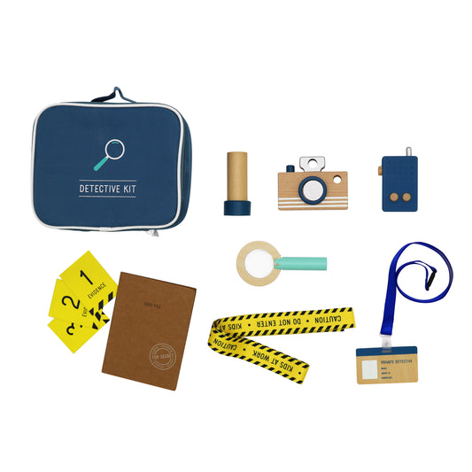 Trusa Micul Detectiv din Lemn ideal STORE, Formata din 10 piese si Geanta de depozitare din material Textil, Contine Lupa, Legitimatie, Statie Walkie Talkie, Dosar pentru documente, Albastru
