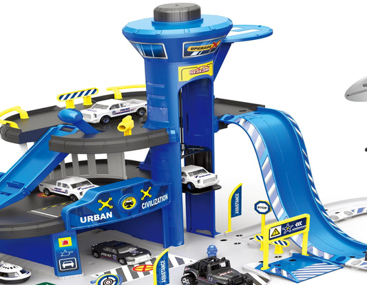 Set de joaca stil complex IDL Police Parking, Include 74 de Piese cu accesorii simbolice: Elicopter, Maisnute, Hovercraft metalic, Lift, Semene de circulatie, Semafoare, Bariere si Autocolante, Garanteaza ore intregi de distractie si amuzament