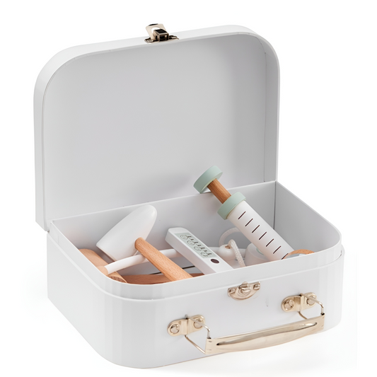 Trusa medicala pentru Copii din Lemn Deluxe idealSTORE, Include accesorii medicale si Geanta de Depozitare, Termometru, Seringa, Stetoscop, Joc creativ, Ajuta la dezvoltarea imaginatiei copilului, White Edition