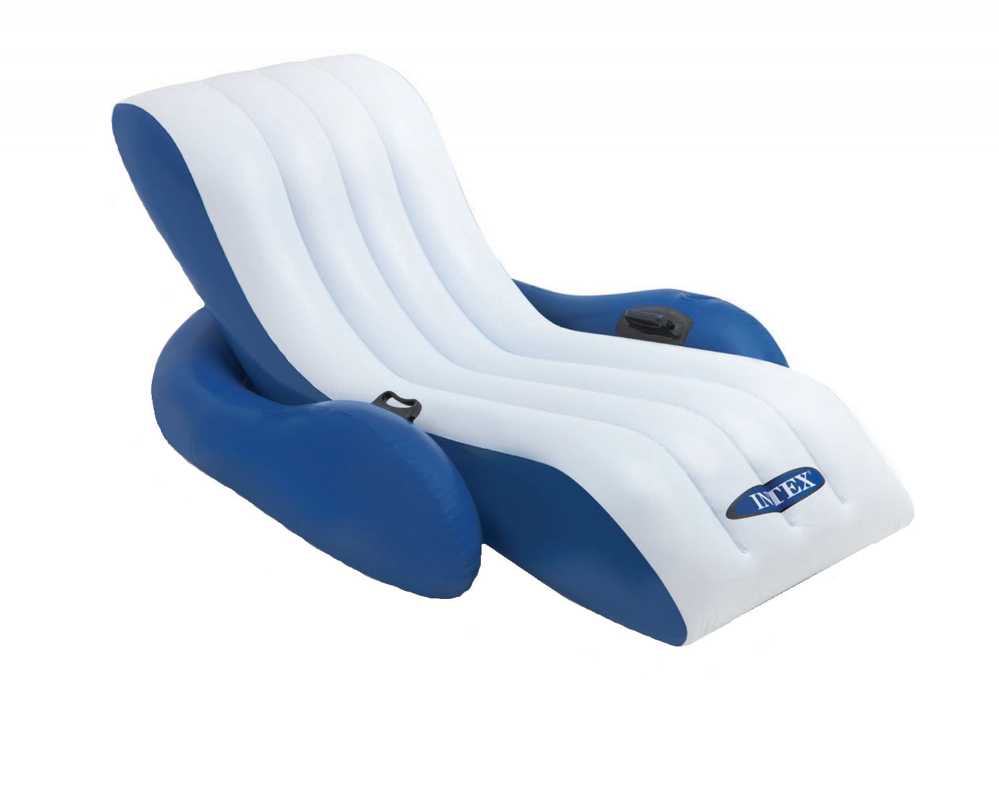 Sezlong gonflabil IDL Summer Relax pentru apa, Dimensiune 180 x 135 cm, 2 Camere Gonflabile, 2 Suporturi pentru pahar, Material Vinil, Culoare Albastru-Alb alaturi de kit reparatie cadou