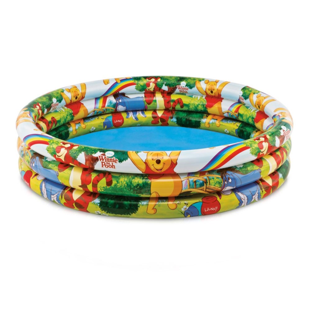 Piscina gonflabila IDL Ursuletul Winnie pentru copii cu 3 inele gonflabile, Dimensiune 147 x 33 cm, Capacitate 288 Litrii, Instalare Rapida, Forma Rotunda, Material PVC, Multicolora alaturi de kit reparatie cadou