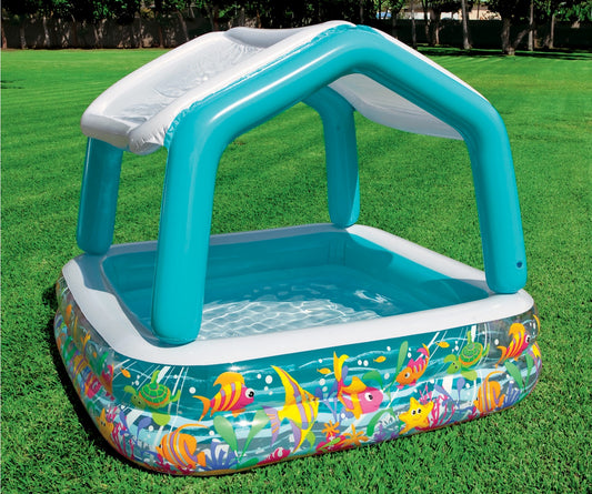 Piscina gonflabila MKT Sun and shade, pentru copii, 157 x 157 x 122 cm, 280 l, forma patrata, acoperis detasabil