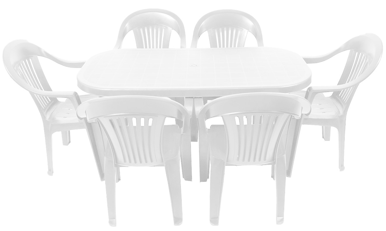 Set masa pentru Gradina IDL Bali cu 6 SCAUNE, 140x70x70cm, Realizat din plastic de inalta calitate, Rezistent la UMIDITATE, Permite adaptari creative si inovatoare oriunde si oricand, Culoare-Alb