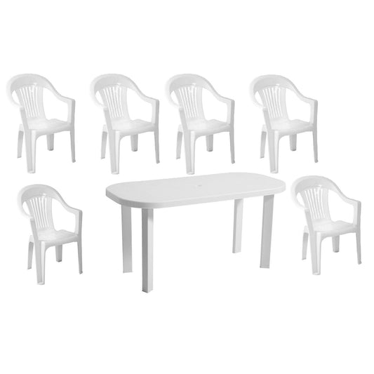 Set masa pentru Gradina IDL Bali cu 6 SCAUNE, 140x70x70cm, Realizat din plastic de inalta calitate, Rezistent la UMIDITATE, Permite adaptari creative si inovatoare oriunde si oricand, Culoare-Alb