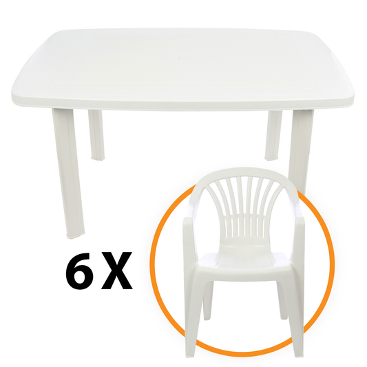 Set masa pentru Gradina IDL Montero cu 6 SCAUNE, 140x90x72cm, Realizat din plastic de inalta calitate, Rezistent la UMIDITATE, Forma blat DREPTUNGHIULARA ce permite adaptari creative si inovatoare oriunde si oricand, Culoare-Alb