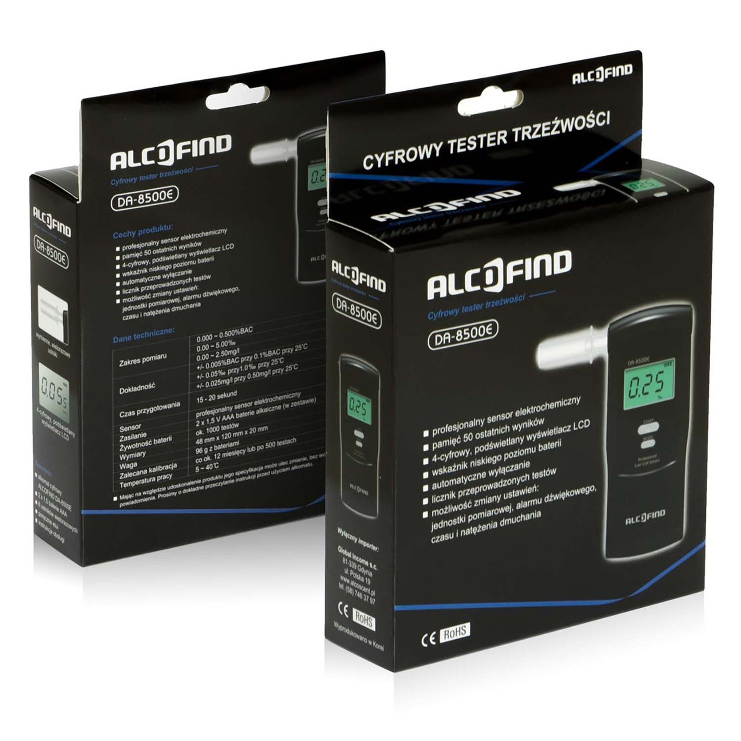 Alcool tester AlcoFind IDL, Include 100 mustiucuri, Memoria ultimelor 50 de rezultate, Afisaj LED, Indicator baterie, Semnalizarea acustica, sunetelor, Senzor electrochimic