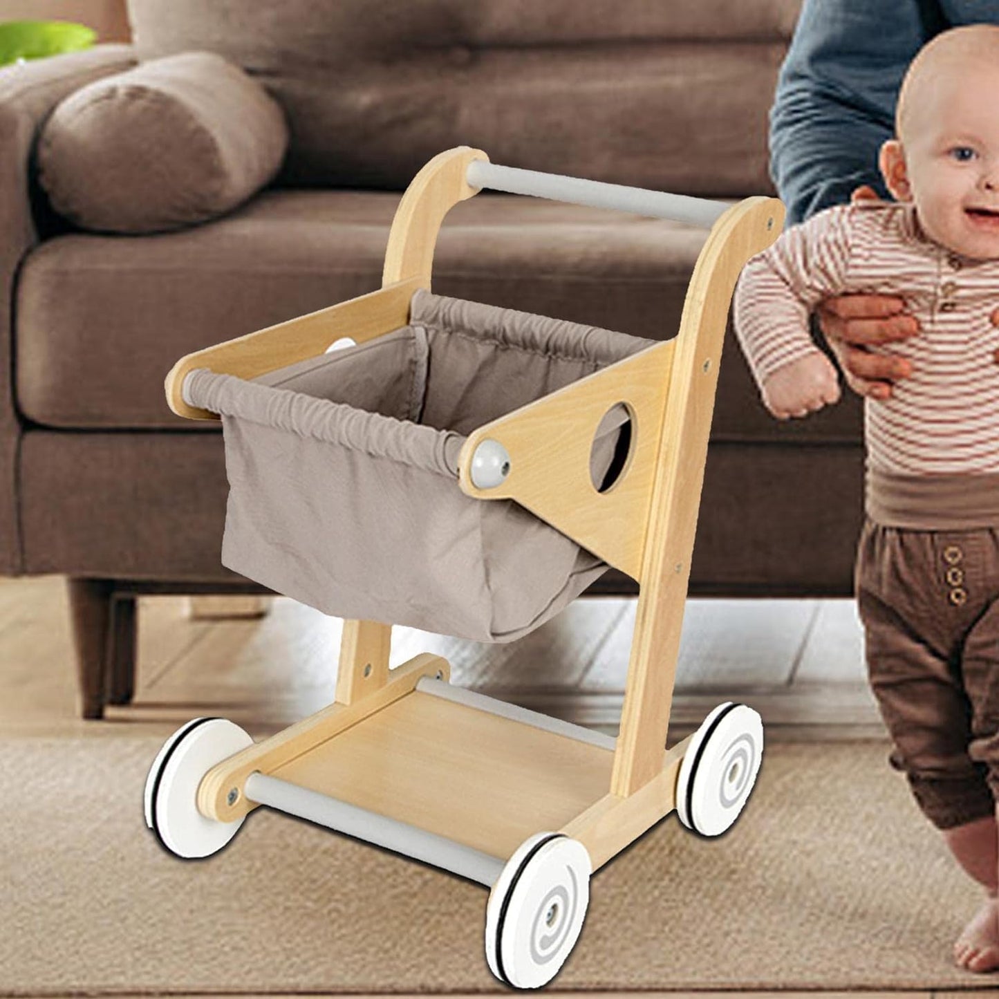 Carucior de Cumparaturi din Lemn pentru Copii Shopping Cart idealSTORE, Dimensiuni 45 x 30 x 34 cm, Durabil, Piese din Lemn fara margini ascutite, Design Modern, Ajuta la Dezvoltarea Echilibrului si a Coordonarii Ochilor si a Mainilor