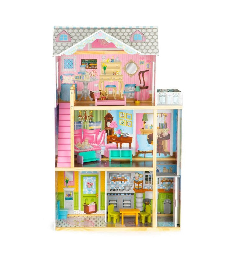 Casuta de papusi din lemn idealSTORE MAGIC MANSION, Dimensiuni 117 x 74 x 30 cm, Construita pe 3 nivele, Include 4 camere, 8 piese de mobilier din lemn, lift, Imita perfect o adevarata casa rezidentiala