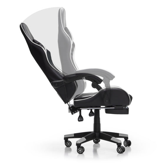 Scaun Gaming Reglabil idealStore eSPORT, Suport pentru Picioare Retractabil, Cotiere reglabile, Perne Confortabile, Modificare inclinatie spatar, Alb Negru